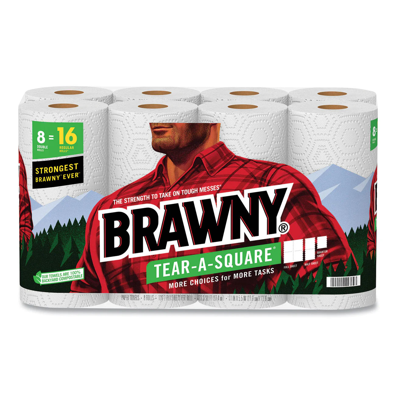 Brawny® Tear-A-Square Perforated Kitchen Double Roll Towels, 2-Ply, 11 x 11, White, 120 Sheets/Roll, 8 Rolls/Pack, 2 Packs/Carton (GPC4437250) - A1 Bulk Supply